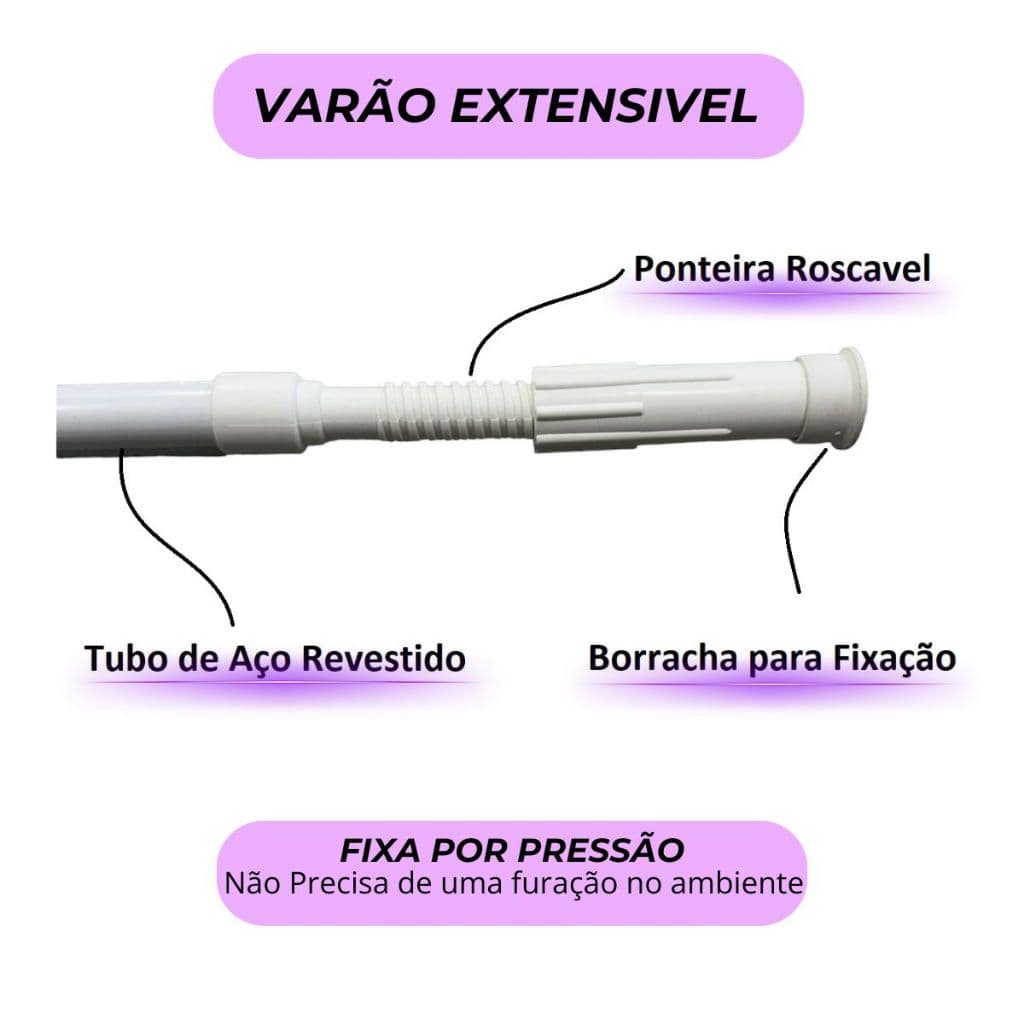 Varão Extensivo Ajustável 0,45m à 1,50m Para Cortina Branco de Box Banheiro Suporte Extensor