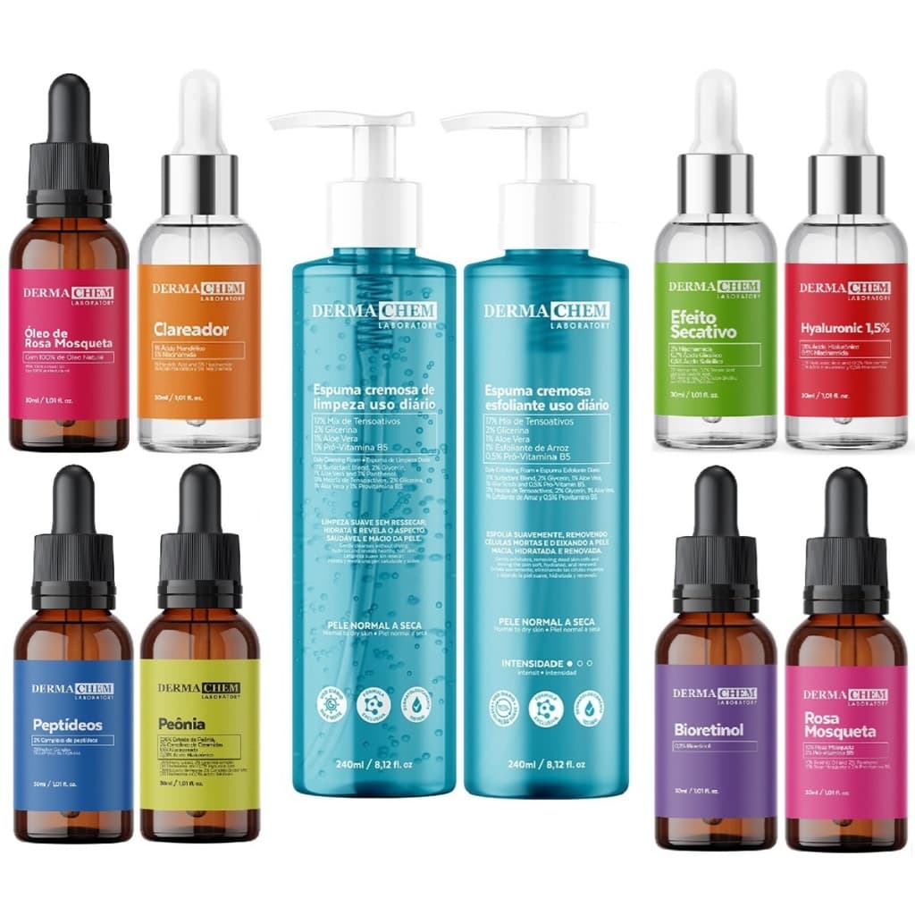 Dermachem Lançamentos Skincare Espumas Seruns Bioretinol Peptideos Peonia Rosa Mosqueta