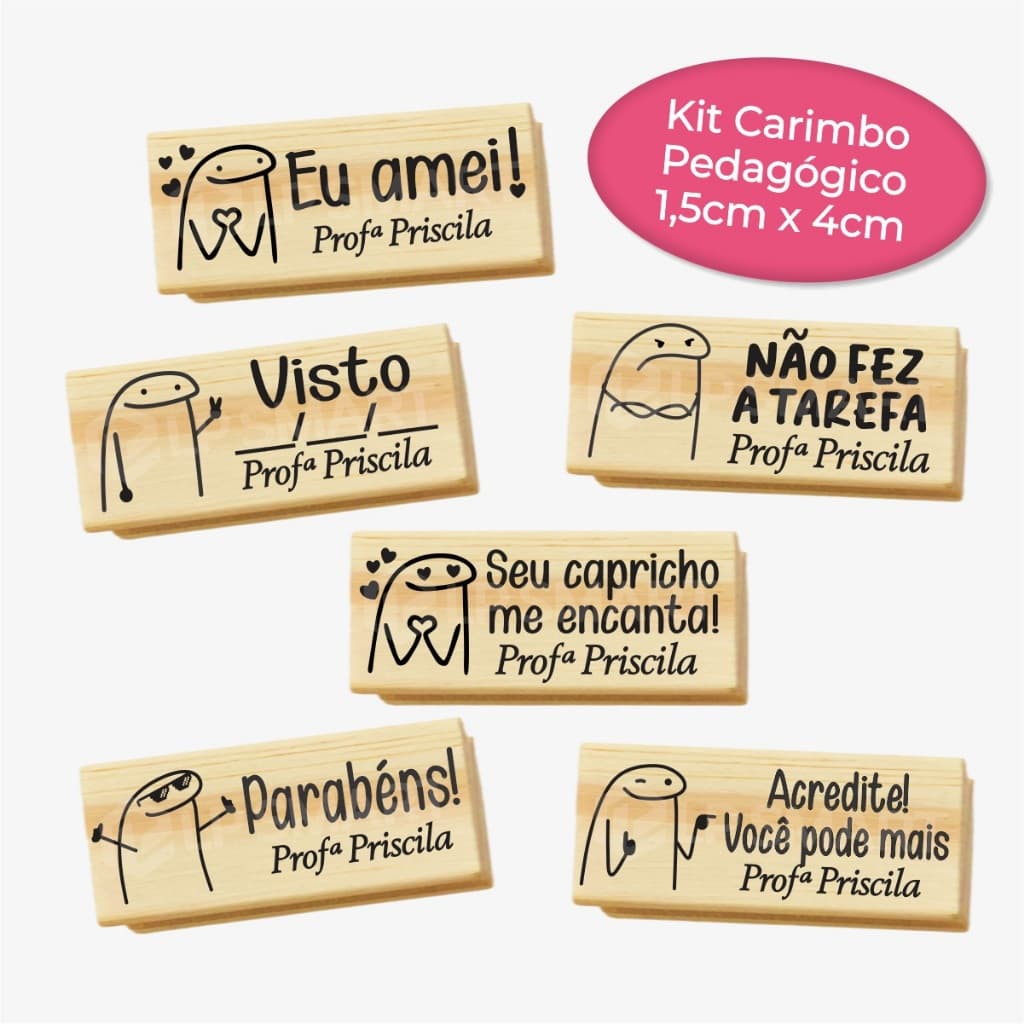 Kit Carimbo Pedagógico FLORK 1,5x4cm Madeira Bento Meme Professor Incentivo Escola Infantil