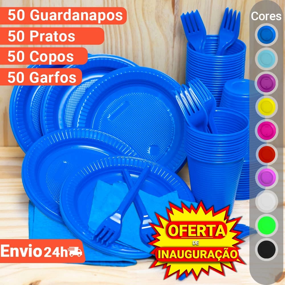 Kit Descartáveis Econômico Prato, Copo, Garfo e Guardanapo 200 pçs - Cores Padronizadas e Exclusivas