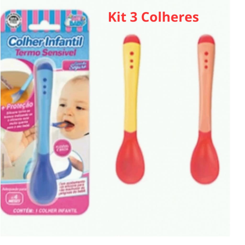 Kit Com 3 Colheres Infantil Termo Sensível Ponta De Silicone Para Bebê