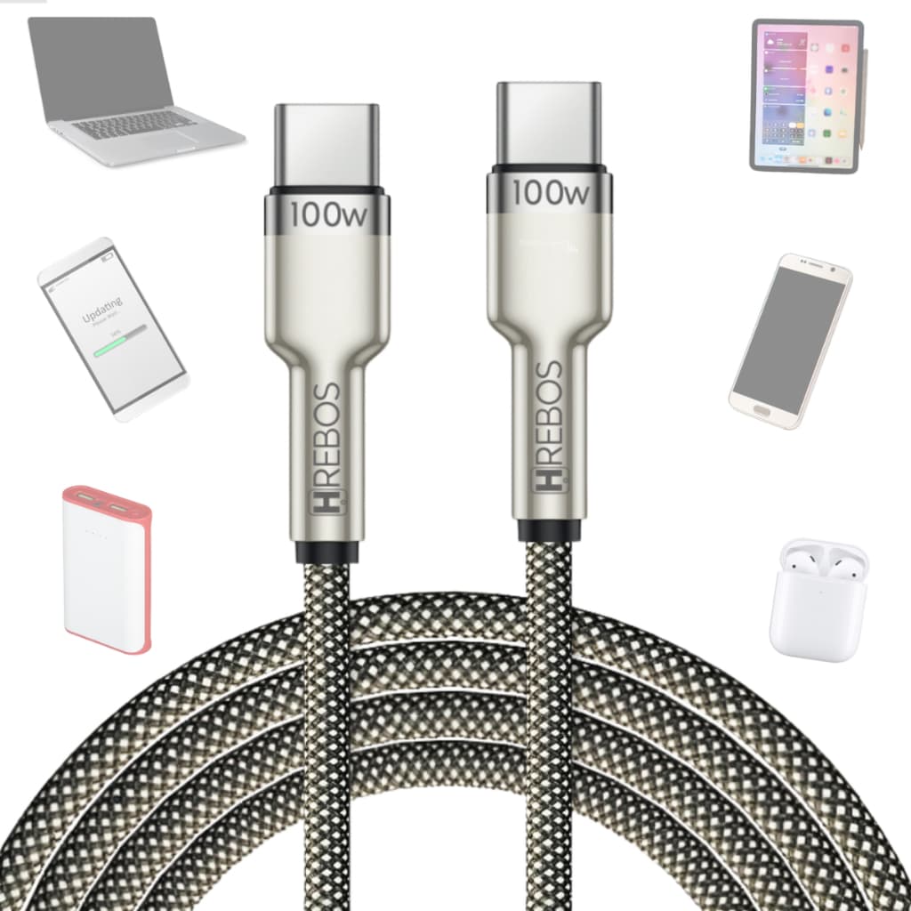 Cabo Carregador Turbo Duplo Tipo-C para Usb-C 100w 20v 3a Nylon Reforçado Pd Hrebos Metal Waves