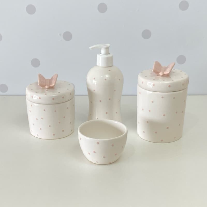 kit higiene bebê porcelana peças poá rosa seco borboleta