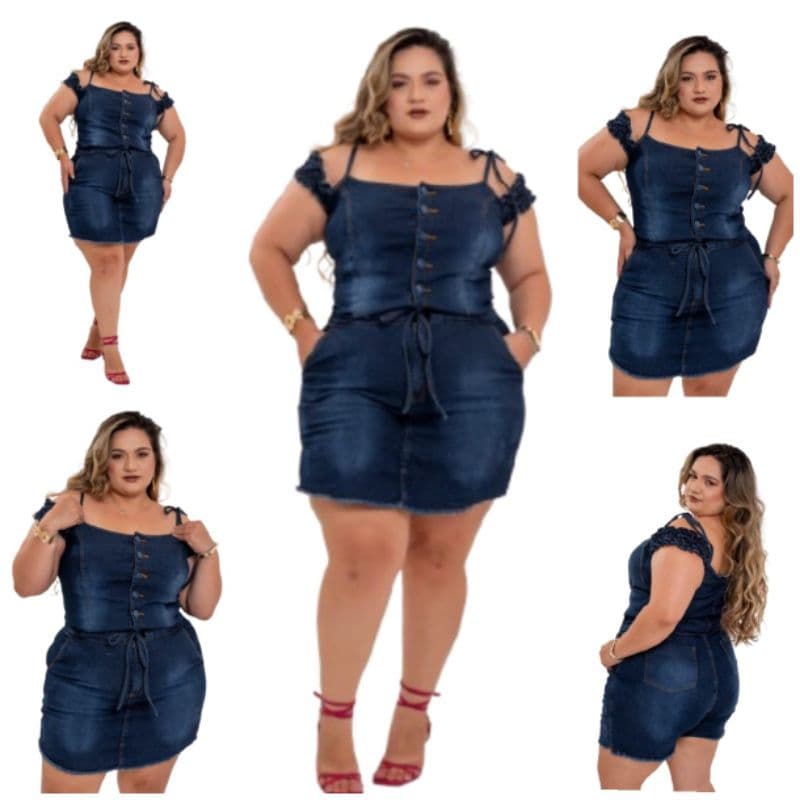 Jardinheira Short Saia Jeans Feminino Plus Size Ciganinha