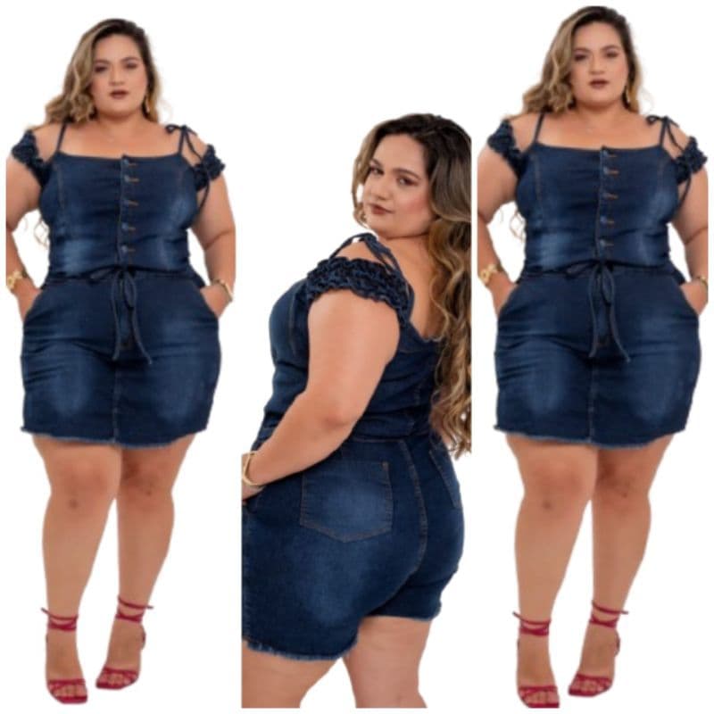 Jardinheira Short Saia Jeans Feminino Plus Size Laycra Rubiana
