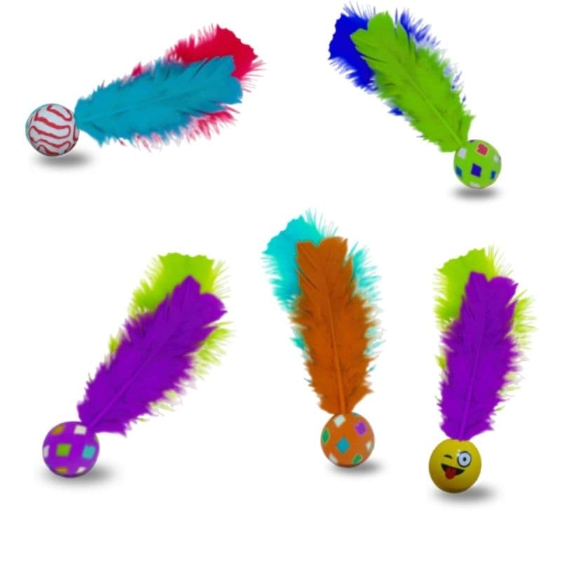 Kit 5 Ping penas bolinha que pula com pena para gato, brinquedo divertido do Gato,ping pula pet