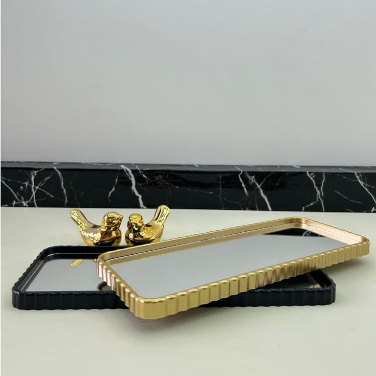 Bandeja Espelhada Banheiro Lavabo Bandeja Decorativa Multiuso Preta Dourada