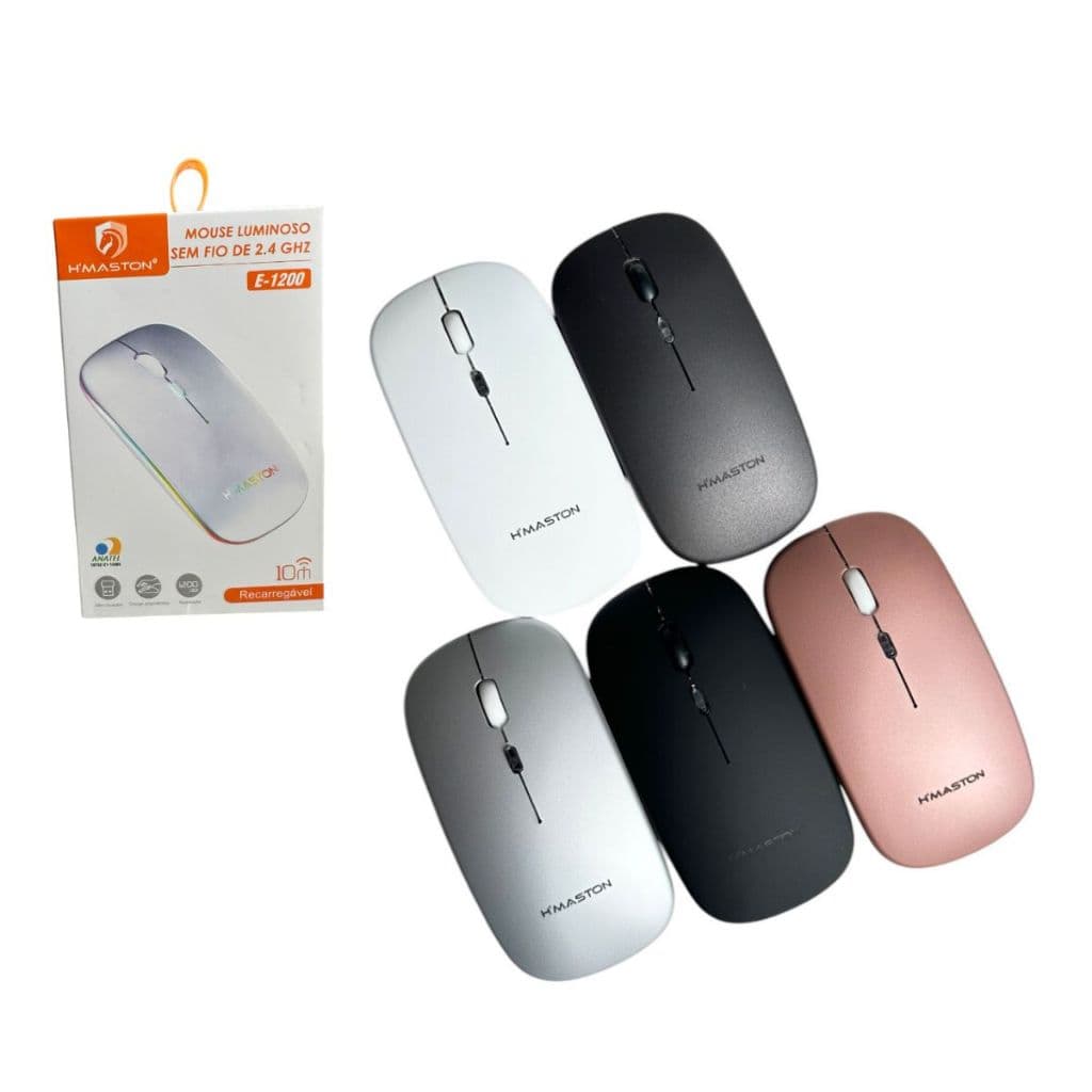 Mouse recarregável luminoso rgb sem fio rápido silencioso 2.4ghz 1200dpi original H'maston E1200 nov