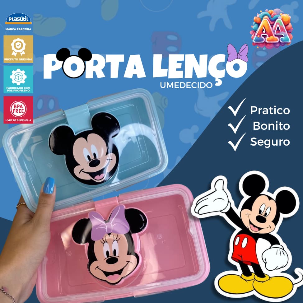 Porta Lenços Umedecidos Portátil C/ Tampa Bebê Infantil Mickey Minnie