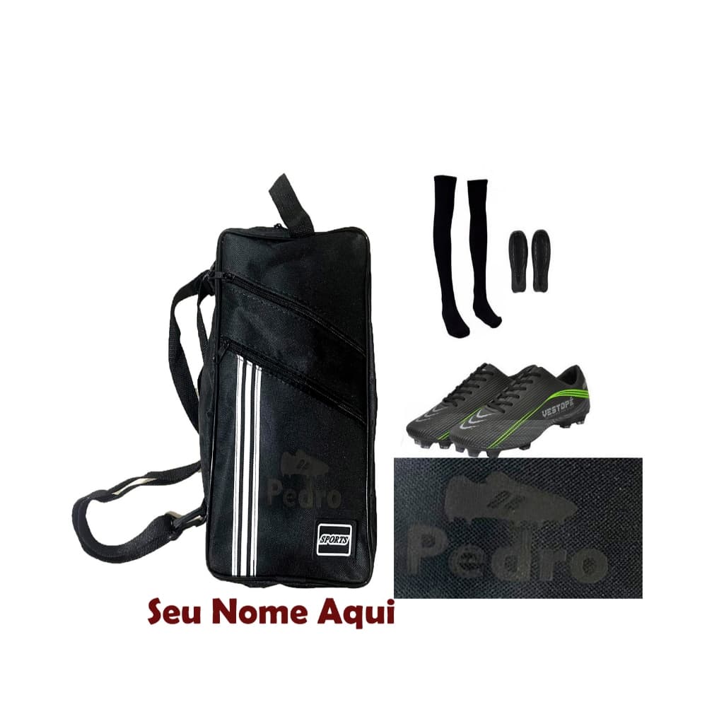 kit Bolsa Mochila Porta Chuteira Tênis personalizada Com Nome Meiao caneleira