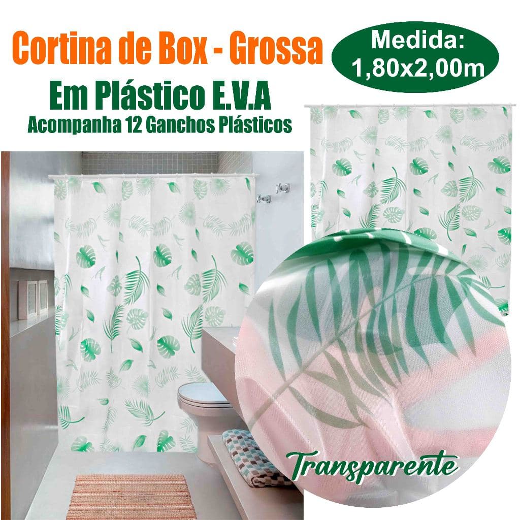 Cortina de Box 180x200cm em Plástico Vinil Grosso em PVC para Banheiro e Decoração Estampas Transparentes