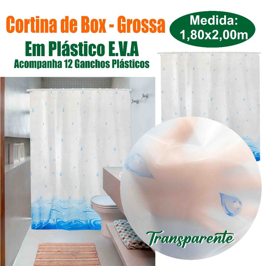 Cortina de Box 180x200cm em Plástico Vinil Grosso em PVC para Banheiro Estampas Transparentes