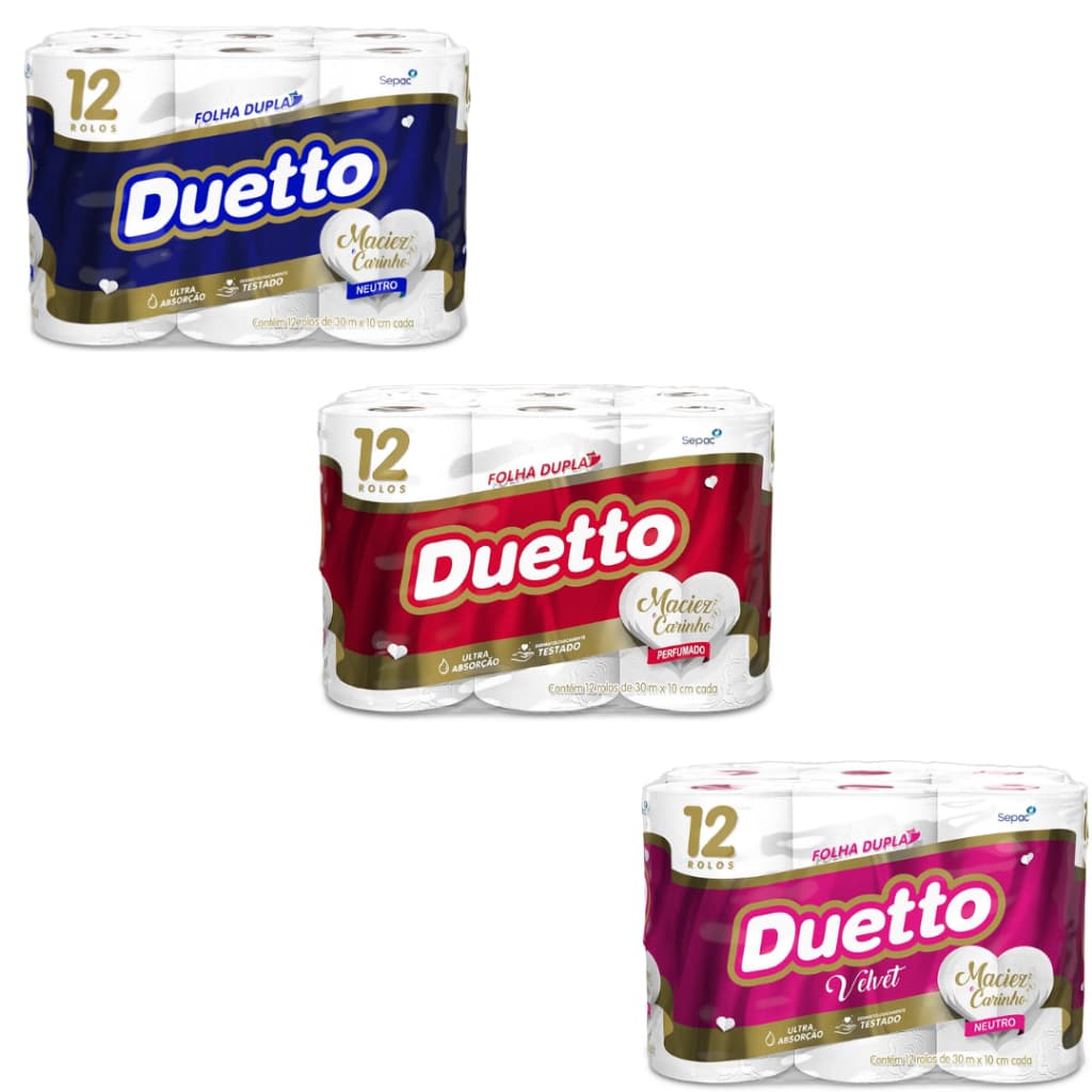 Kit com 2 Pacotes de Papel Higiênico folha dupla c/12 rolos Duetto
