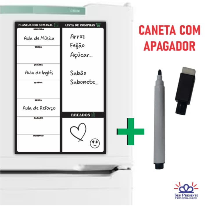 Imã de Geladeira com Manta Magnética e Caneta que Apaga e Escreve