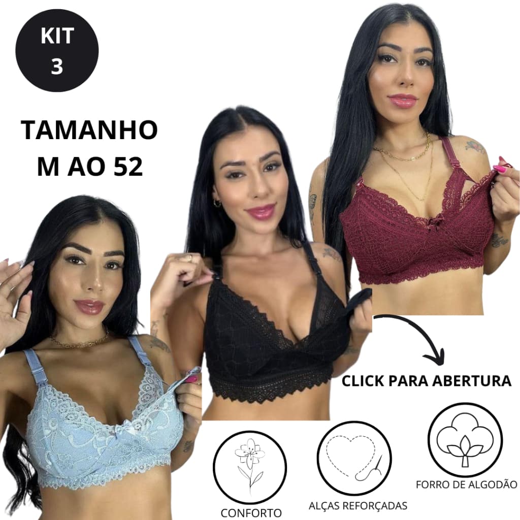 KIT de 3 Sutiã de Amamentação Reforçado em Renda com Regulagem Gestação Plus SIze Pós Parto