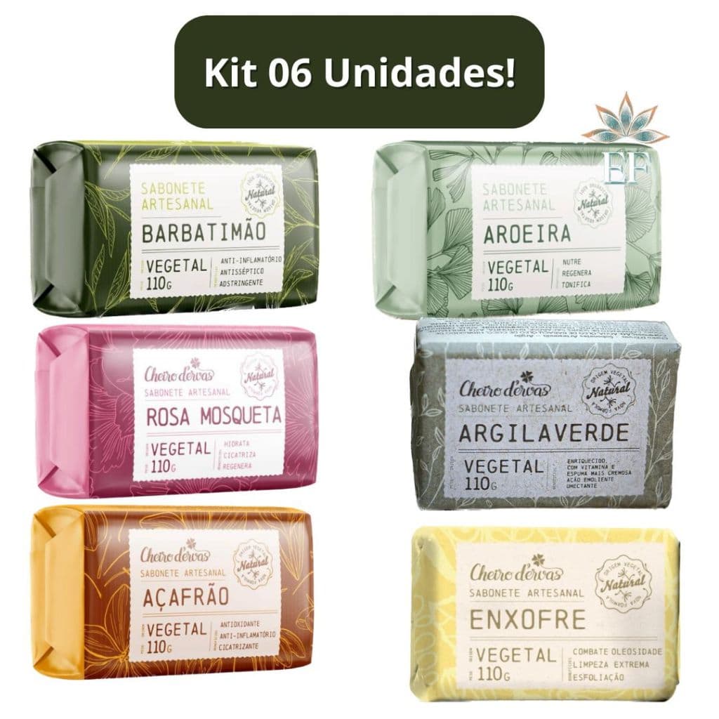 Kit 6 Unidades Sabonetes de 110g Cheiro D Ervas (Barbatimão, Rosa Mosqueta, Açafrão, Aroeira, Argila Verde e Enxofre)