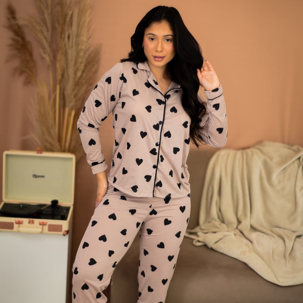 Pijama Feminino Americano Comprido Inverno Com Botões Calça e Blusa Malha