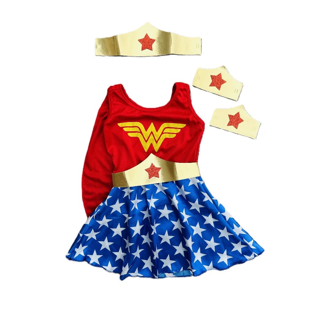 Fantasia infantil mulher maravilha com coroa cinto e braceletes
