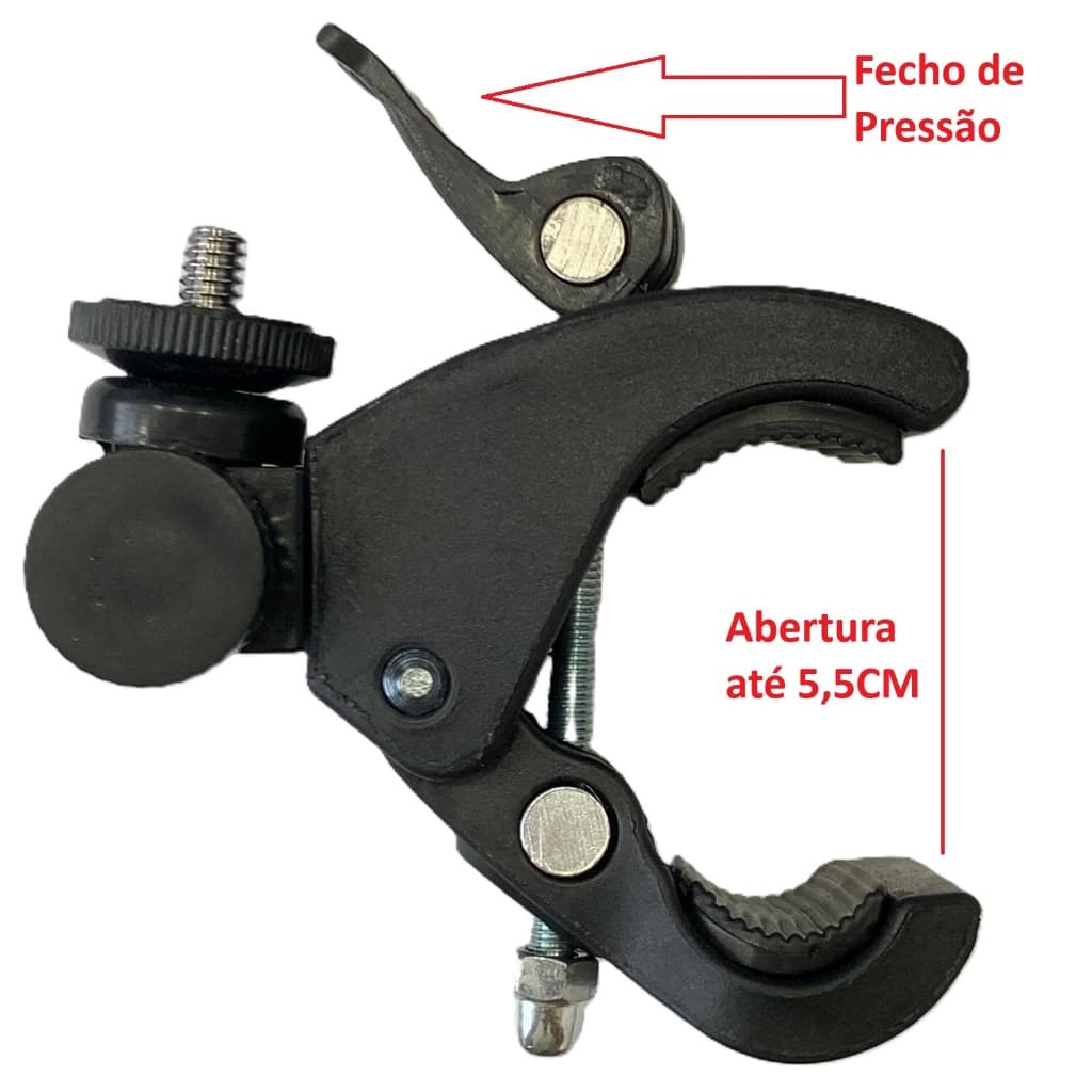 Suporte Grampo Garra Emborrachado p/ Tubos Trava Pressão Resistente Abertura 5,5cm Encaixe Rosca 1/4