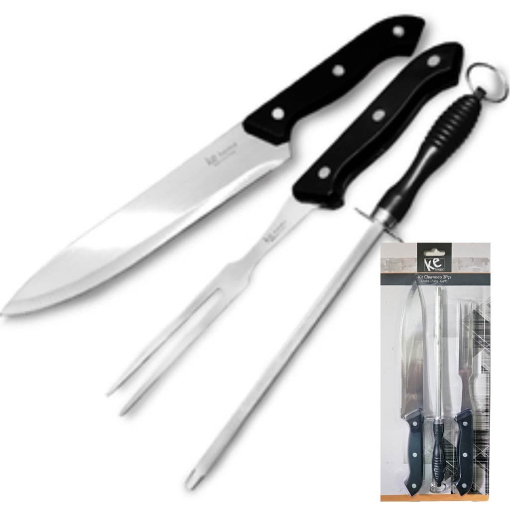 Kit Churrasco Faca Chaira Garfo Inox Cozinha Churrasqueiro Amolador completo 3 Peças