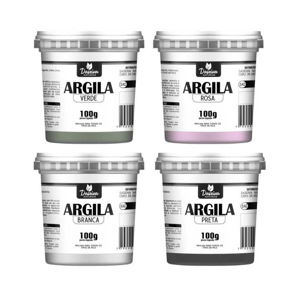 Combo 4 Argilas 100g no pote Daseiva Naturais Máscara Facial (Verde, Rosa, Branca e Verde)