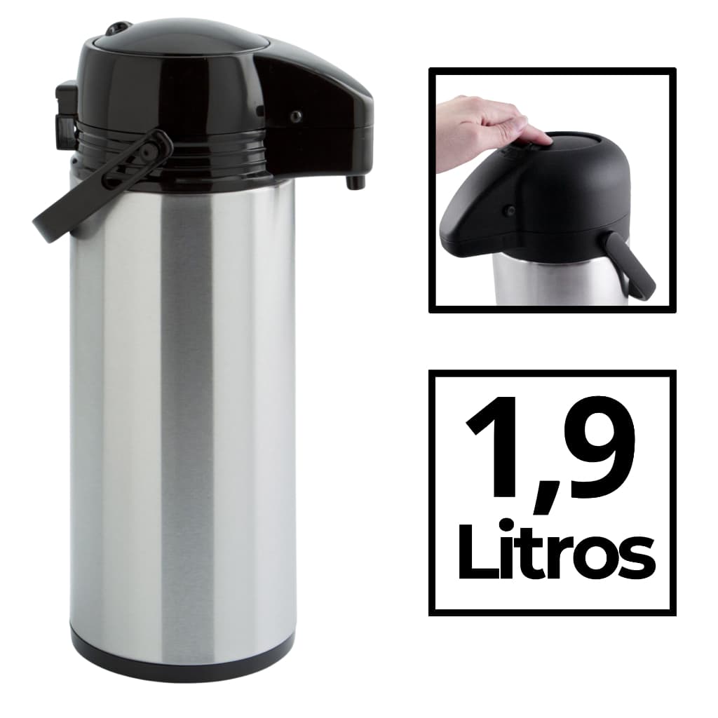 Vittak Garrafa Térmica Inox Café 1L e 1,9L De Pressão Apertar Hotel Pousada Bebidas Quentes Frias Chá Leite Suco