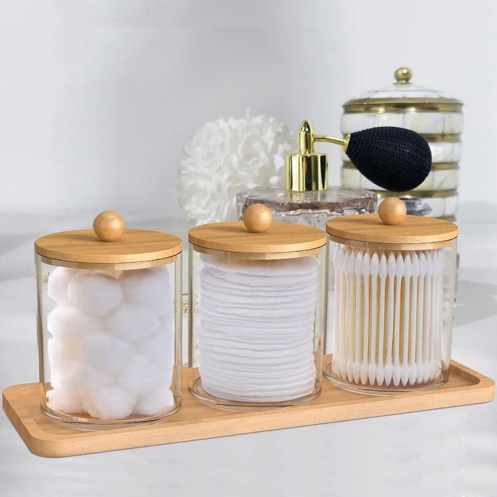 Kit 3 Porta Algodão Cotonete Organizador Acrílico Tampa Bambu Disco Maquiagem