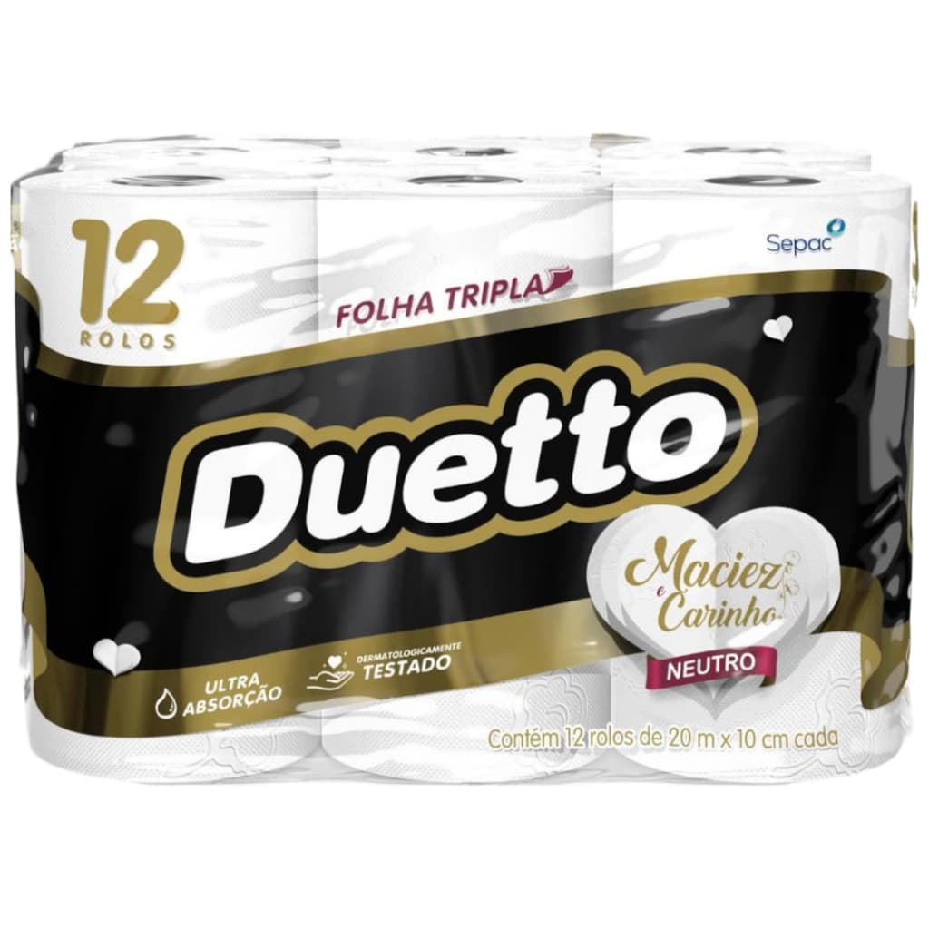 Papel Higiênico Duetto Neutro Folha Tripla com 12 rolos