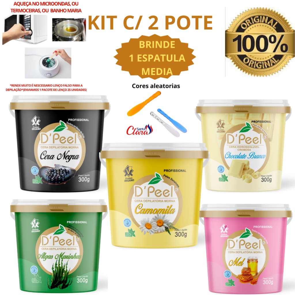 Kit c/2 Cera Vegana Depilatória D'peel de 300g Hidrossolúvel - Linha Profissional +1 ESPATULA BRINDE