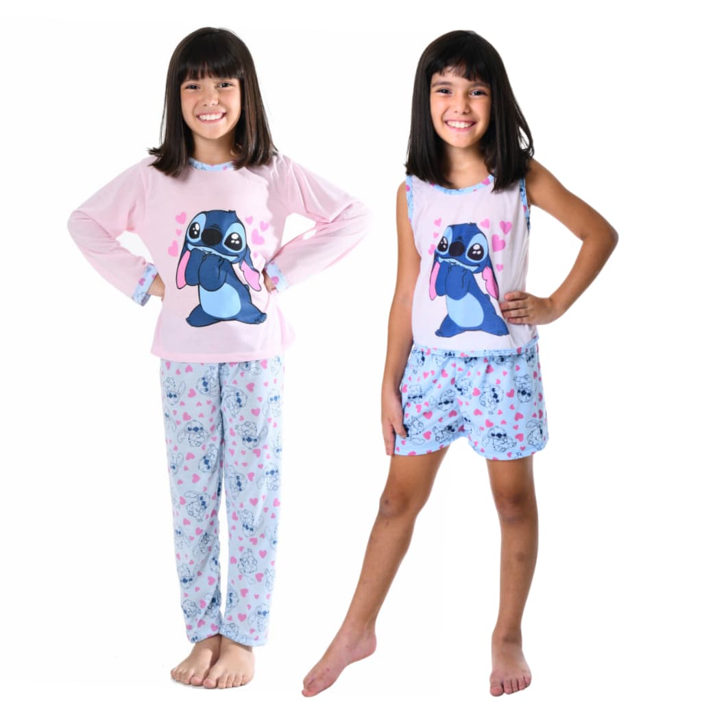 Kit 2 Pijamas Infantil Menina Longo E Curto e Baby Doll Feminino Estampado Crianças