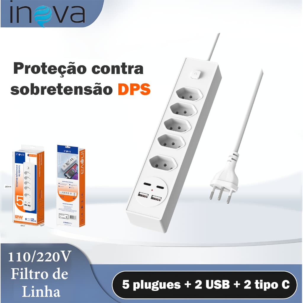 【Garantia】Inova 2m Régua Filtro de Linha Filtro de linha com protetor contra curtos (DPS) 110/220V