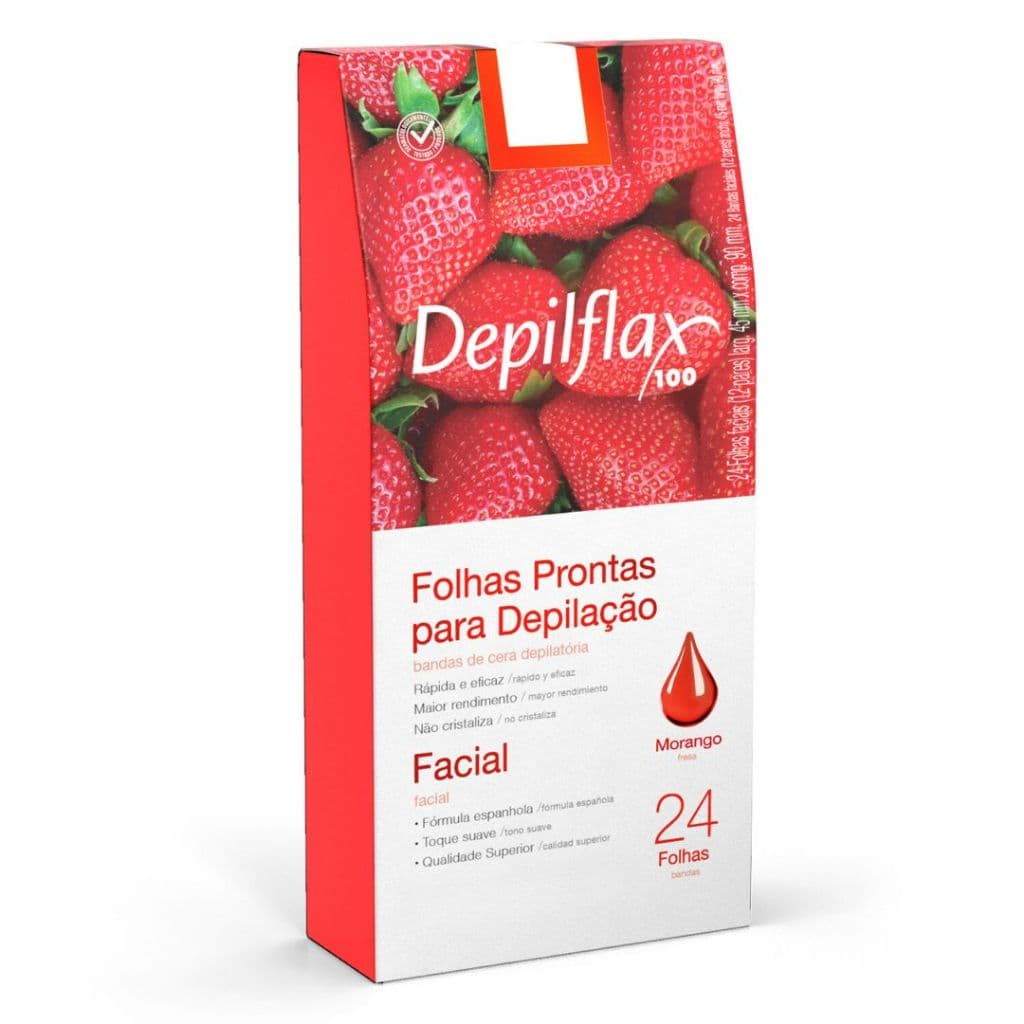 24 Folhas Prontas De Cera Depilatória Facial Depilflax Morango