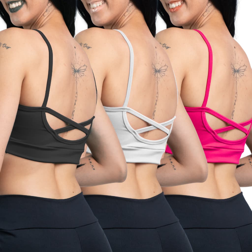 KIT 03 - Top Academia Alcinha Fitness Com Cruzado nas Costas Suplex Power - Costas Xis Top Fitness - Varias Cores