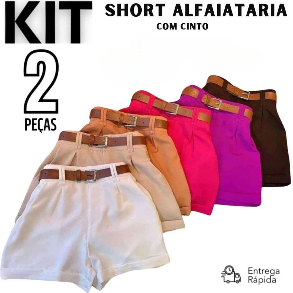 Kit 2 Short Alfaiataria Feminino Com Bolso Com Cinto Cintura Alta PROMOÇÃO