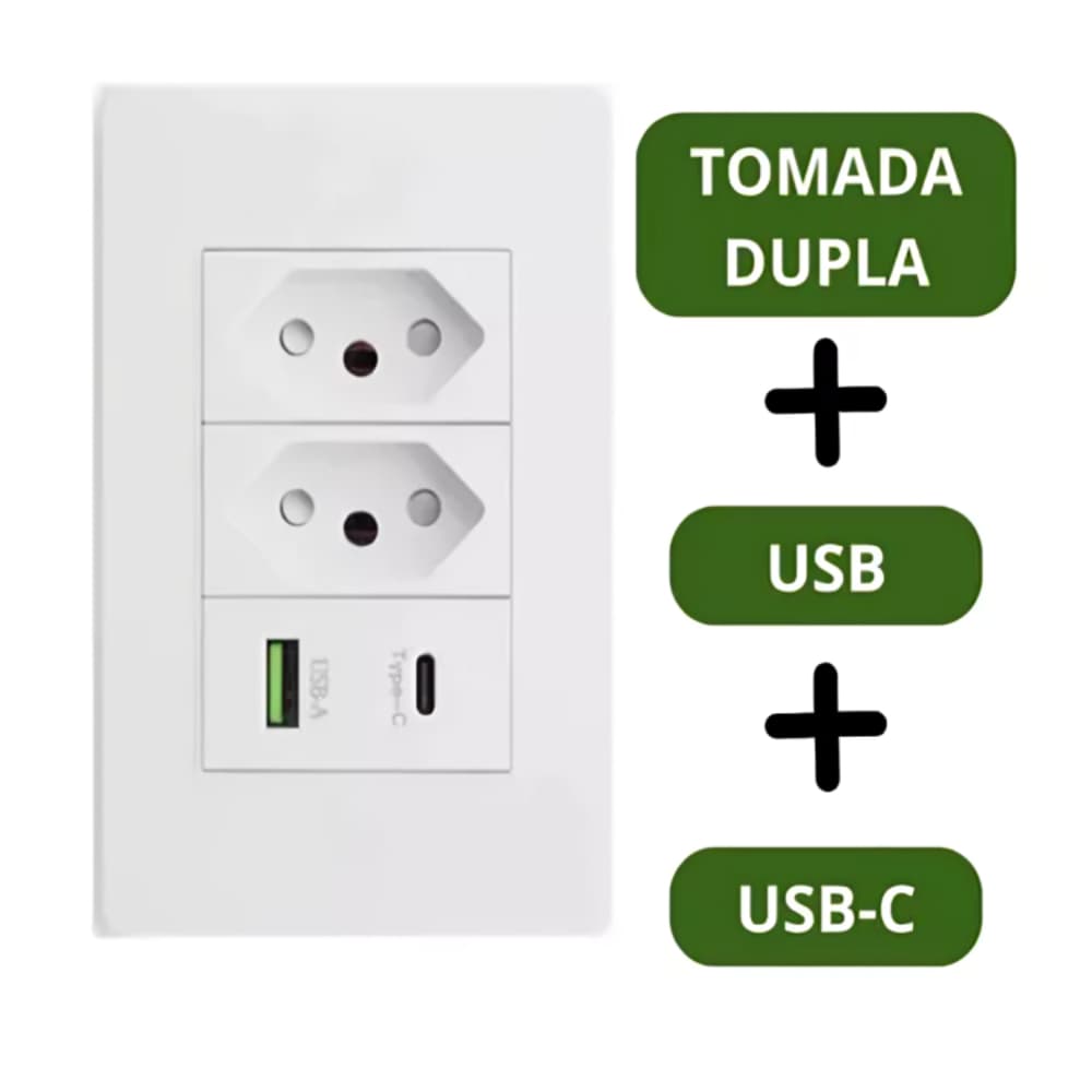 Kit 1/2/3 Tomada de Parede Dupla Com Entrada Usb e tipo C 5V Bivolt - 4 em 1 Carregamento Rápido Multi Carregamento
