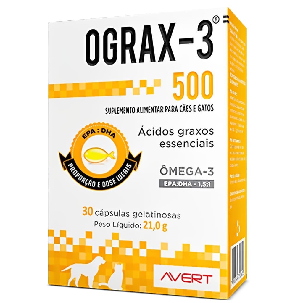 Ograx 500 mg Omega-3 Avert Para Cães E Gatos 30 Capsulas