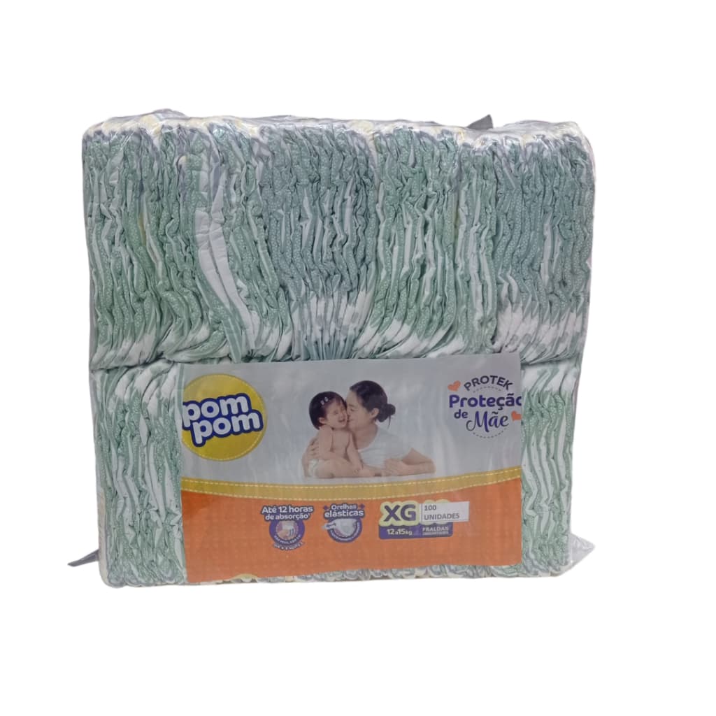Pacotão com 100  Fraldas Pom Pom Protek Proteção de mãe M(4- 9kg) G(8-13kg) XG(12-15kg) XXG(14-18kg)