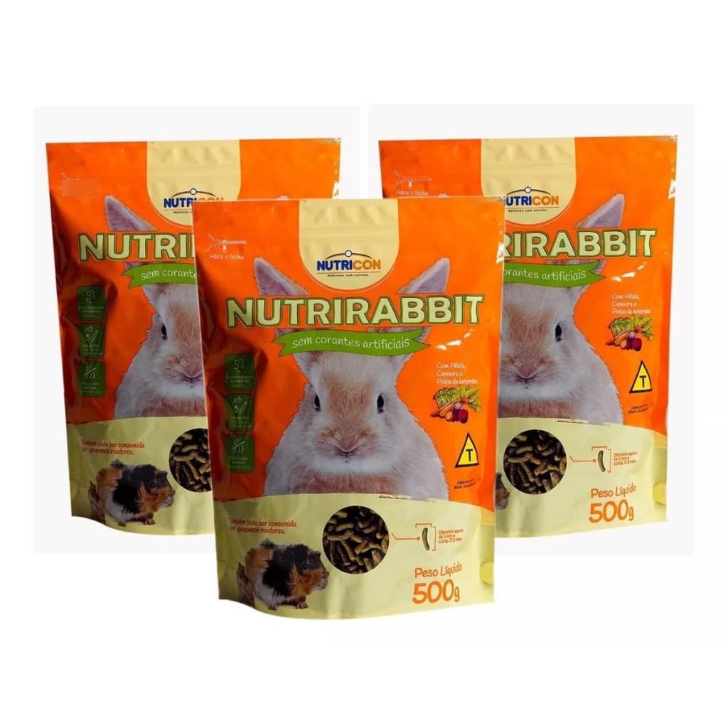 Ração Coelho Roedores Nutrirabbit Kit C/3 Un 500g - Nutricon