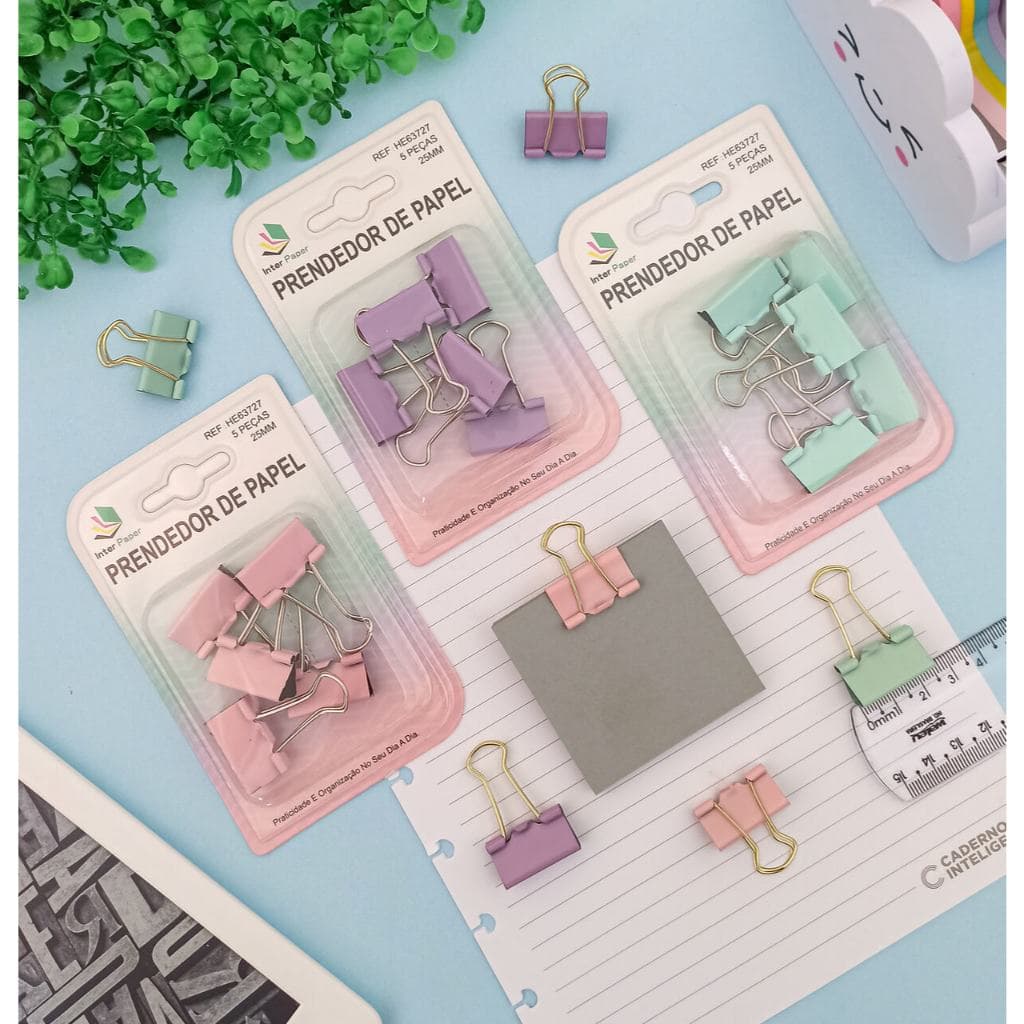 Prendedor de Papel 25mm e 19 mm (Lilás, Rosa e Verde Água) - Interponte