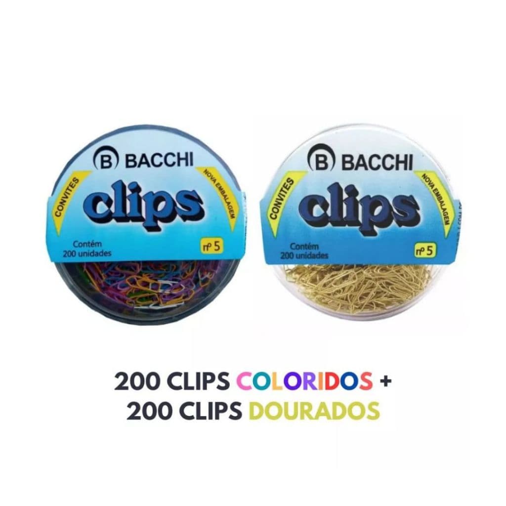 Clips Metálico Mini Dourado e Colorido 200 Unidades Tamanho 5 - Bacchi