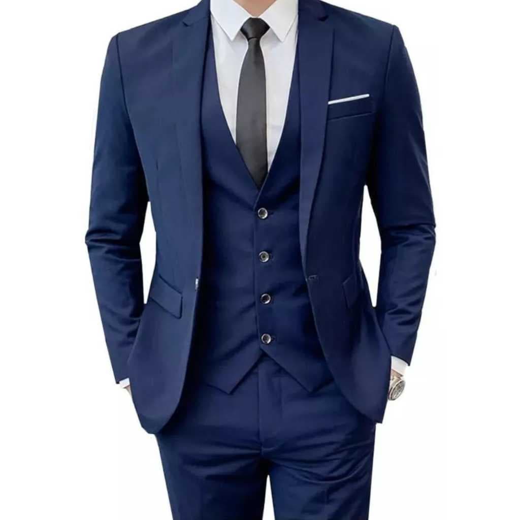 Terno Masculino Slim - corte Italiano - Oxford Euro Completo Azul Marinho Grosso - Gramatura 180'  (Paleto+calça+colete)