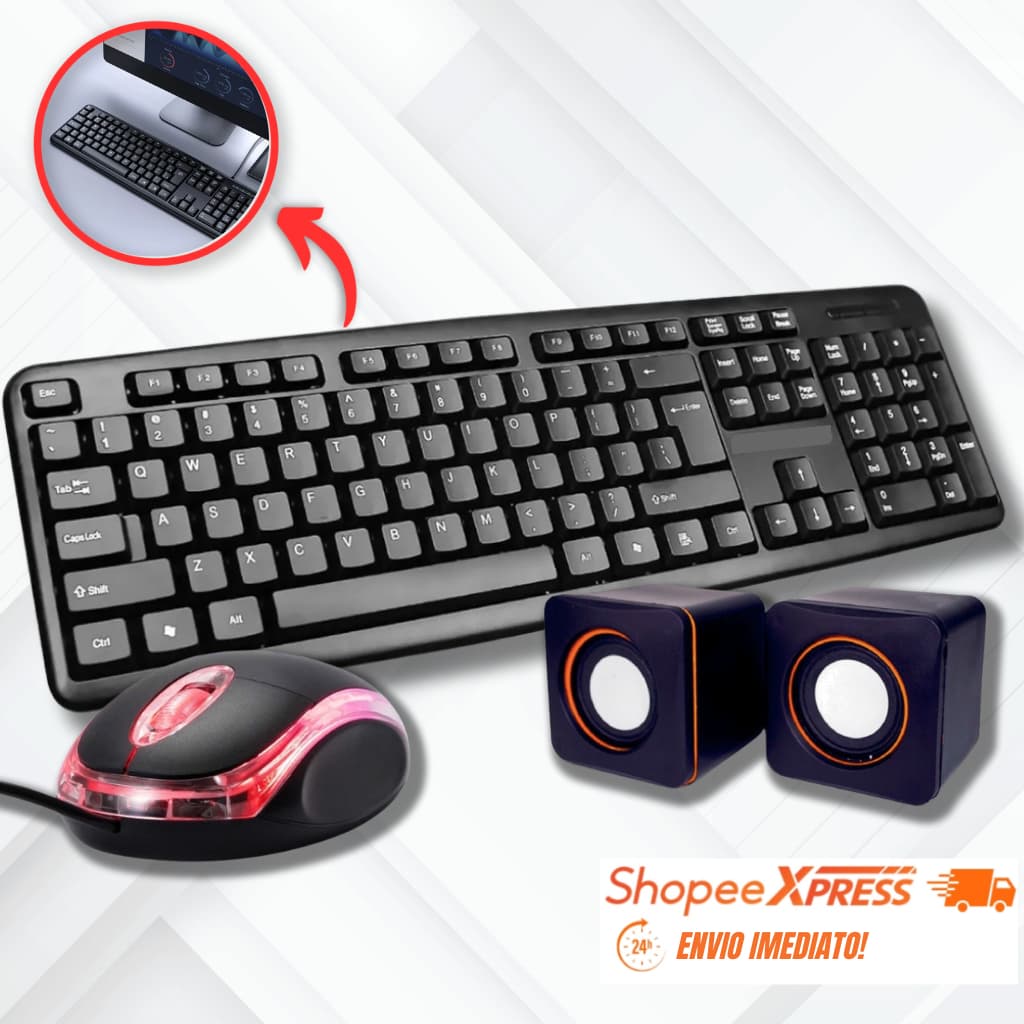 Teclado + Mouse+ Caixa de Som Para Notbook Computador Cabo USB