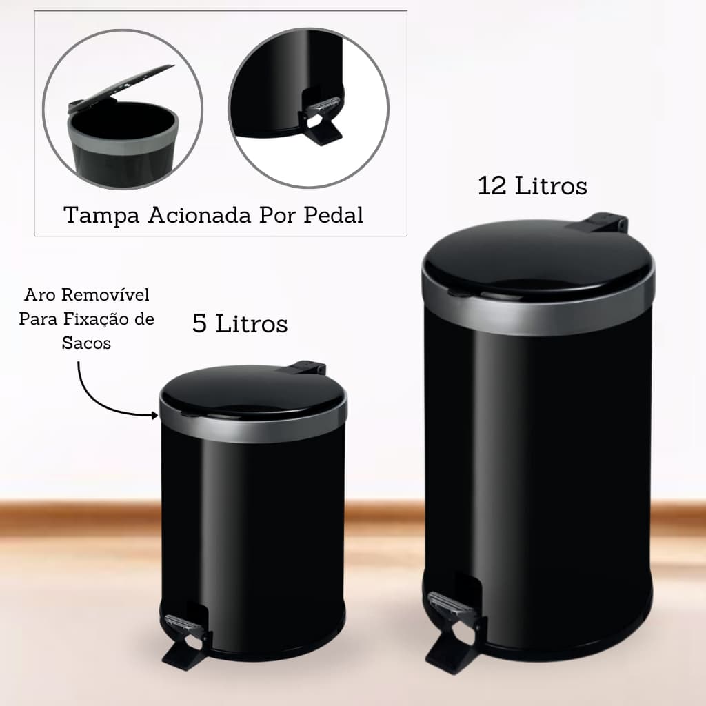 Lixeira Banheiro Cozinha com Pedal 5 e 12 Litros Plástico Cesto de Lixo Escritório