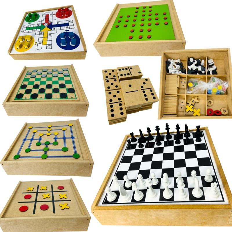 Jogo Tabuleiro 7 em 1 Xadrez Dama Jogo da Velha Ludo Trilha Dominó Resta 1