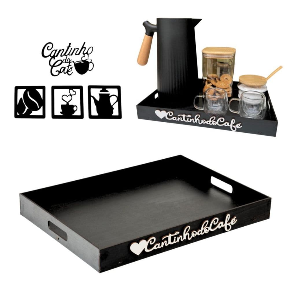 Kit Bandeja Cantinho do Café + Apliques Decoração Com Alças para Servir Cafe Cha Apoio Aparador MDF
