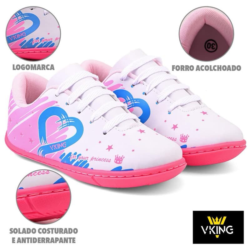 Tênis Infantil Menina Escolar Futsal Vking Branco Rosa do 26 ao 33