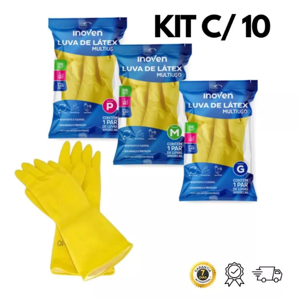 Kit Até 10 Pares de Luva Multiuso - Latex Amarela para Limpeza Domiciliar