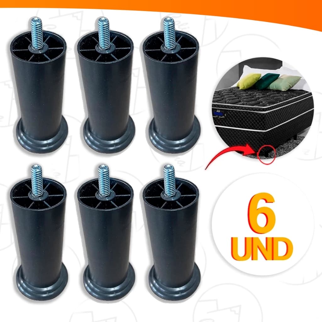 Kit 6x Pés de Cama Box 12cm Cabeceira Pezinho Plástico PU Com Parafuso Resistente