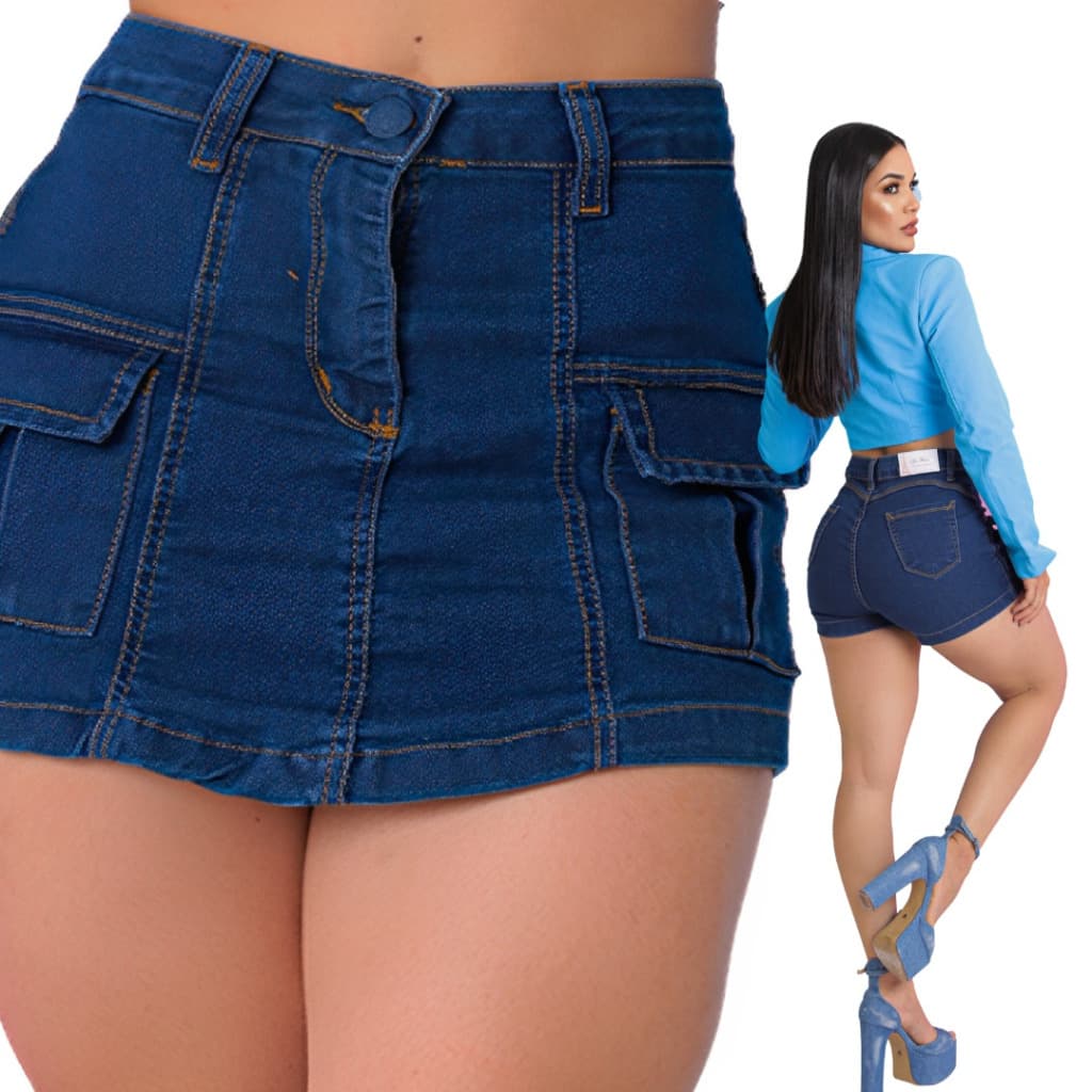 Short Saia Jeans Feminina Cintura Alta Levanta Bumbum Original