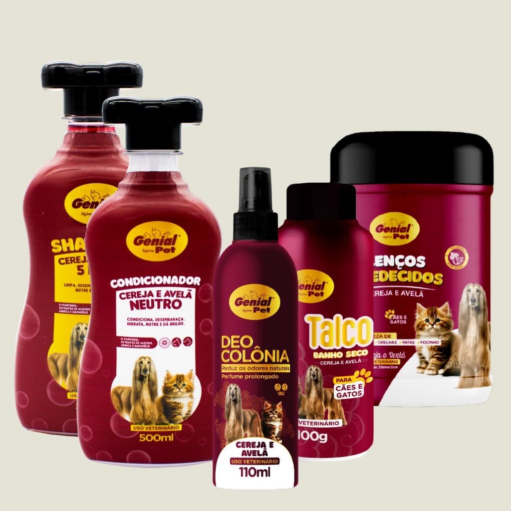 Kit Banho e Tosa Shampoo Condicionador Talco Perfumado, Lenço Perfume Cereja e Avelã Cachorro e Gato
